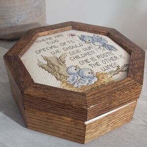 Vintage Wooden Octagonal Keepsake Box with Cross Stitch Lid